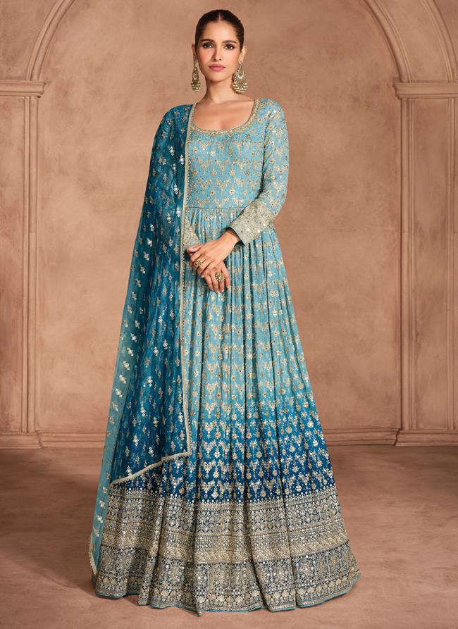 Georgette Sky Blue Wedding Wear Sequins Work Readymade Anarkali Suit